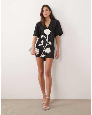 ASOS V Neck Flutter Sleeve Mini Dress With Embroidered Skirt - Natural