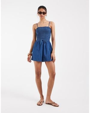ASOS Denim Shirred Playsuit - Blue