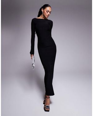 Kaiia Exclusive Double Layered Slinky Low Back Long Sleeve Maxi Dress - Blue