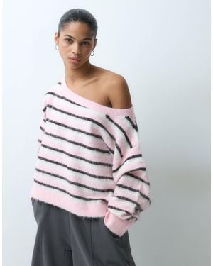 Miss Selfridge Fluffy Asymmetric Stripe Knit Sweater - Gray