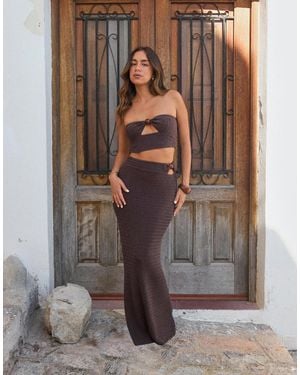 4th & Reckless X Luana Barron Cotton Rich Knitted Bandeau Bead Detail Cut Out Beach Crop Top Co-ord - Brown