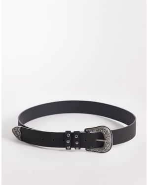 ASOS Studded Faux Leather Belt With Western Pattern Buckle - Blue