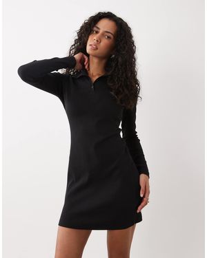 Calvin Klein Woven Label Long Sleeve Turtle Neck Henley Mini Dress - Black