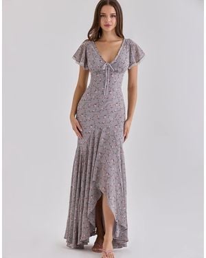 House Of Cb Amina Lilac Vintage Floral Print Georgette Maxi Tea Dress - Purple