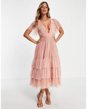 LACE & BEADS Bridesmaid Madison V Neck Tulle Dress - Pink