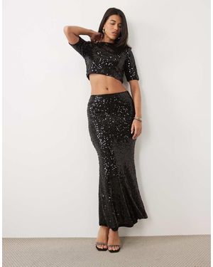 Ruched & Ready High Waisted Fishtail Sequin Maxi Skirt - Black
