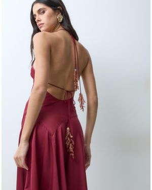 ASOS Halter Neck Asymmetric Hem Maxi Dress With Embellished Tie Ends - Red
