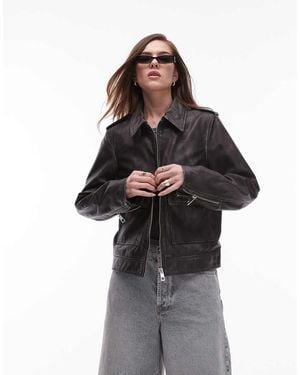 TOPSHOP Premium Real Leather Zip Through Jacket - Black