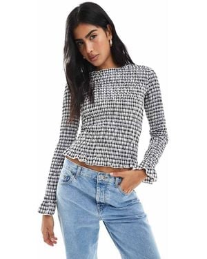 Daisy Street Plaid Long Sleeve Shirred Top - Blue