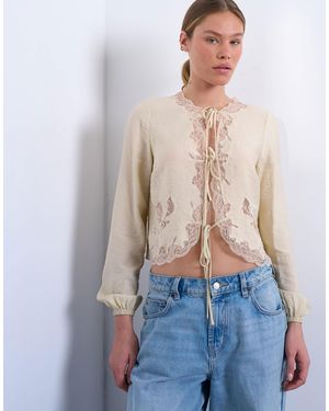 TOPSHOP Delicate Tie Front Long Sleeve Top With Lace - Blue