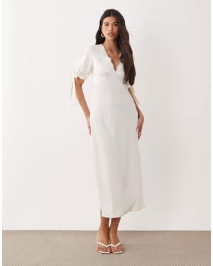 Y.A.S V Neck Lace Trim Romantic Satin Midi Dress With Tie Sleeve Details - Natural