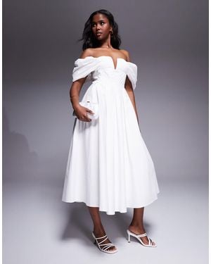 Lulus Bardot Cotton Poplin Midi Dress - Grey