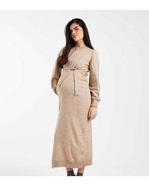 Mama.licious Mamalicious Maternity Knitted Belted Blouson Sleeve Maxi Dress - Natural