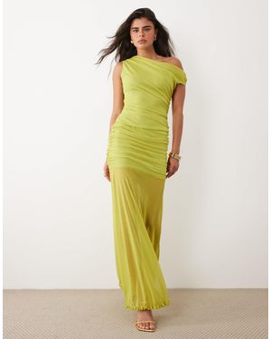 TFNC London Mesh Asymmetric Off Shoulder Ruched Sheer Hem Maxi Dress - Green