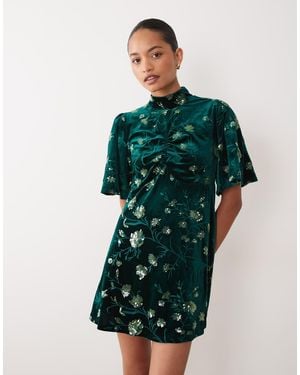 Sister Jane Velvet Flutter Sleeve Mini Dress With Floral Embroidery - Green