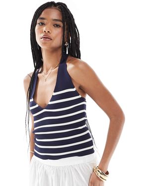 Pimkie Top dos nu en maille fine à rayures avec col v - bleu marine et blanc