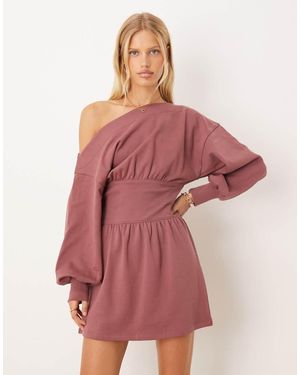 ASOS Cotton Slash Neck One-shoulder Elasticated Waisted Mini Dress - Pink