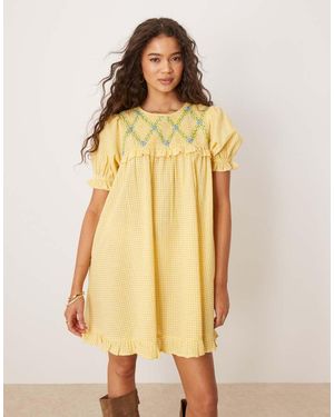 Neon Rose Shirred Detail Mini Gingham Babydoll Dress - Yellow