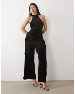 ASOS Combinaison à col halter en velours avec détail portefeuille à franges en - Noir