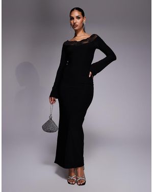 Fashionkilla Exclusive Slinky Lace Trim Bardot Flare Sleeve Maxi Dress - Black