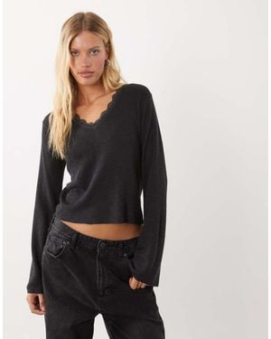 Mango Teen V Neck Long Sleeve Knitted Top With Lace Trim - Black