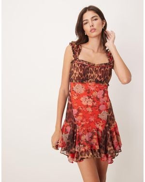 ASOS Cap Sleeve Contrast Ribbon Ruffle Hem Mini Dress - Red