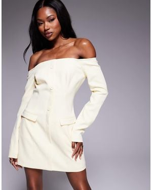 Kaiia Exclusive Bardot Tailored Button Front Pocket Detail Mini Dress - White