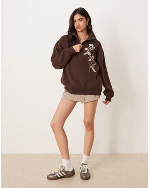 Abercrombie & Fitch Quarter Zip Motif Sweatshirt - Brown