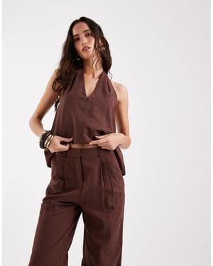 4th & Reckless Linen Blend Tailored Pleat Front Wide Leg Trousers - Purple
