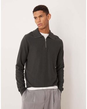 Mango Cotton Mix Quarter Zip Knitted Polo Top - Grey
