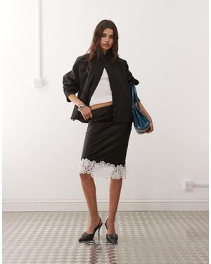 Lioness Anchored Contrast Lace Hem Midi Skirt - Natural