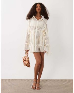 SNDY'S Shirred Tie Sleeve Cinch Waist Detail Mini Dress - Natural