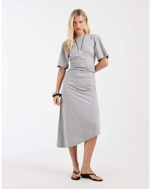 & Other Stories Ruched Asymetric Hem Jersey Midi Dress - White