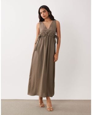 Vila Tie Side V Neck Maxi Dress - Natural
