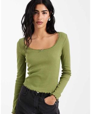 Miss Selfridge Top Color Oliva A Coste Con Scollo Squadrato - Verde