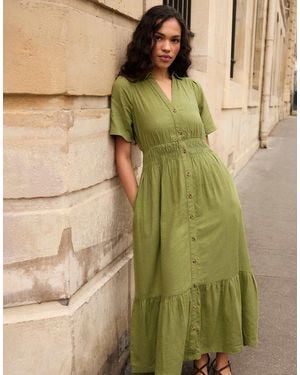 Threadbare Tiered Linen Blend V Neck Maxi Dress - Green