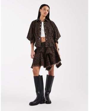 AllSaints Nancy Balloon Sleeve Leopard Print Denim Top - Brown