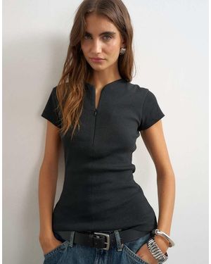 TOPSHOP Geribbelde Top Met Rits, V-Hals En Korte Mouwen - Zwart