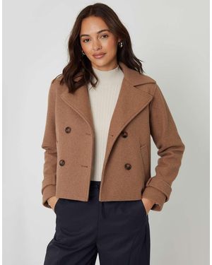 Threadbare Faux Wool Cropped Trench Coat - Brown