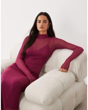 AFRM Robe midi en tulle à col roulé, manches longues et doublure caraco, prune - Rouge