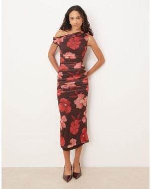 Mango Asymmetric Mesh Midi Dress - Red
