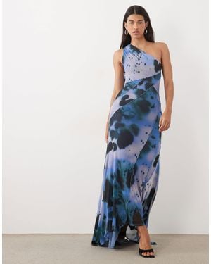ASOS Mesh One Shoulder Exposed Seams Maxi Dress With Full Hem - Blue