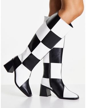 Monki Polly Vegan-friendly Checkerboard Knee-high Heeled Boots - Black