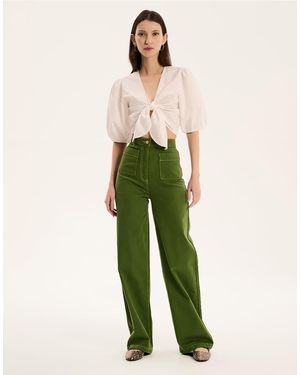 OMNES Karina Puff Sleeve Tie Front Top - Green