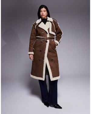 Aria Cove Faux Suede Shearling Look Trim Belted Longline Coat - Blue