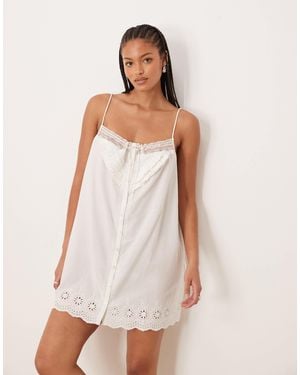 ASOS Asos Design Tall Mini Broderie Edge Nightie With Ribbon Tie - White