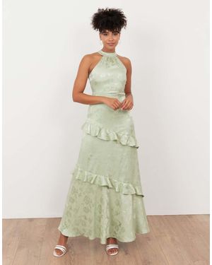 Maya Floral Jacquard Satin Halter Neck Maxi Dress - Green