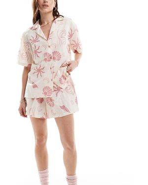 Loungeable Oversized Katoenen Overhemd En Short Set Met Retroprint - Roze