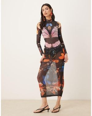 JW PEI Sheer Mesh Long Sleeve Midaxi Dress - Natural