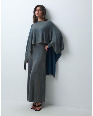 Iyal Metallic Knit Long Sleeve Maxi Dress And Cape - Blue